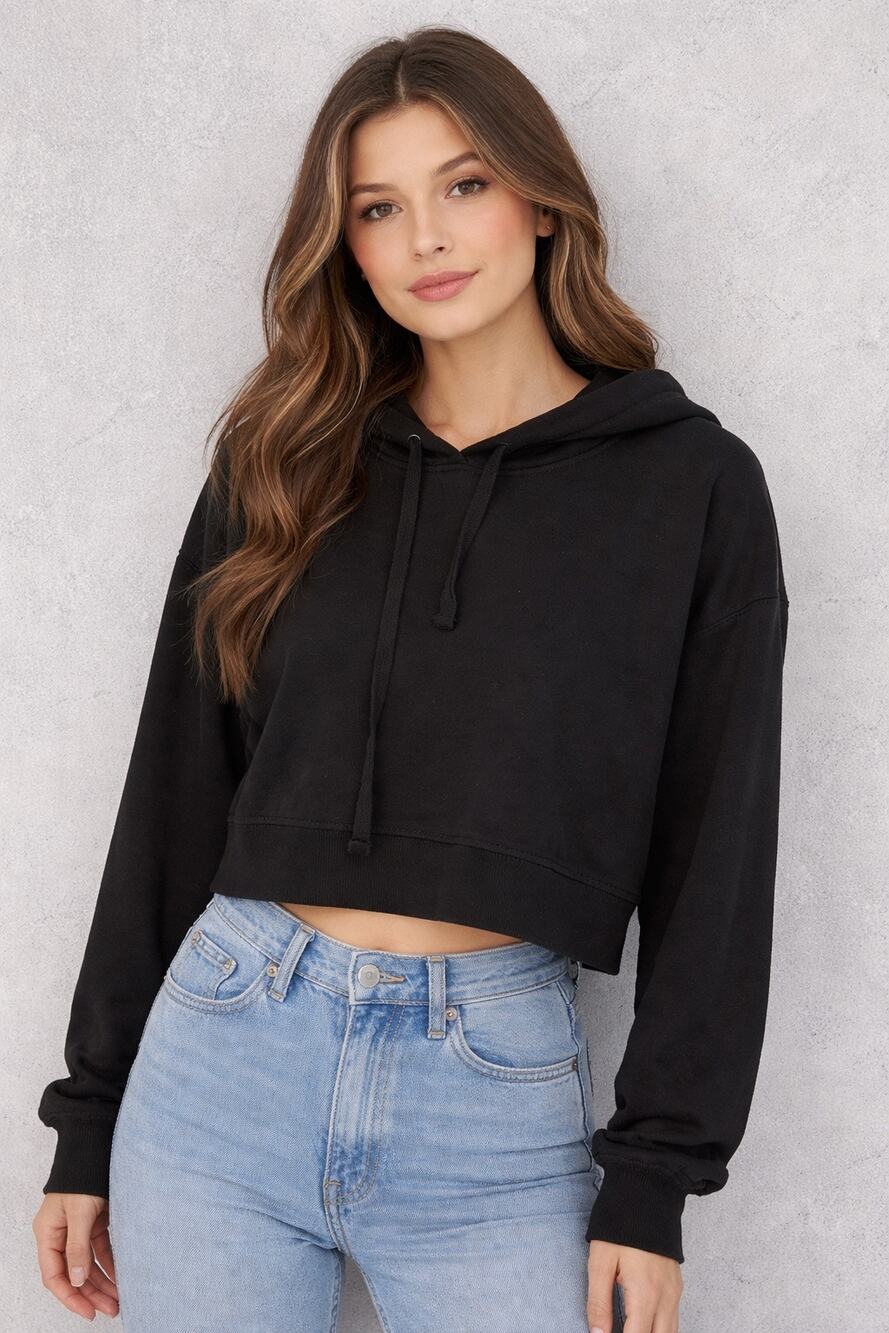 The Drop Black Cropped Hoodie Sweatshirt Pullover Drawstring Womens M